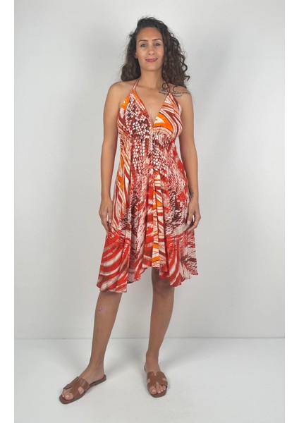 BOLERO K. V Yaka Boyundan ve Sırttan Bağlı Askılı Kısa Viskon Elbise modelleri