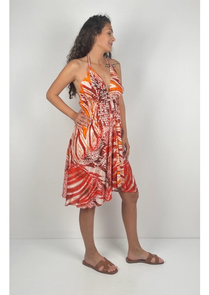 BOLERO K. V Yaka Boyundan ve Sırttan Bağlı Askılı Kısa Viskon Elbise indirimleri