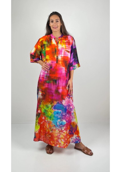 DEMETER Düğmeli Yuvarlak Yaka Uzun Kollu Uzun Viskon Elbise