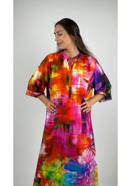 DEMETER Düğmeli Yuvarlak Yaka Uzun Kollu Uzun Viskon Elbise modelleri