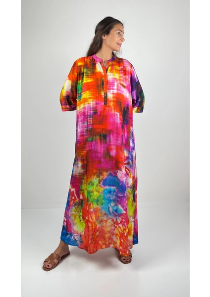 DEMETER Düğmeli Yuvarlak Yaka Uzun Kollu Uzun Viskon Elbise fırsatları