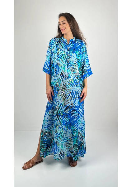 DEMETER Düğmeli Yuvarlak Yaka Uzun Kollu Uzun Viskon Elbise