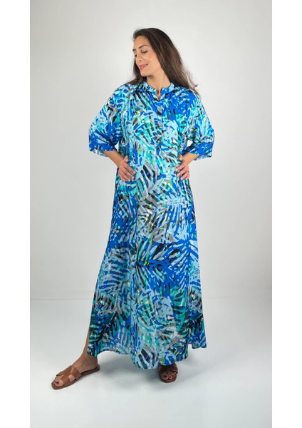 DEMETER Düğmeli Yuvarlak Yaka Uzun Kollu Uzun Viskon Elbise fiyatları