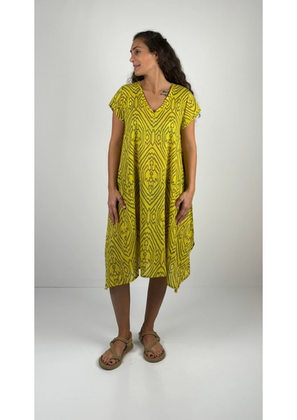 MAGIE DRESS V Yaka Mini Kol Desenli El Baskısı Midi Boy Elbise