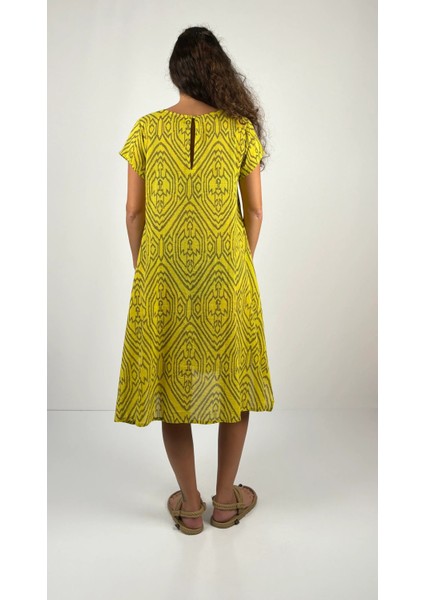 MAGIE DRESS V Yaka Mini Kol Desenli El Baskısı Midi Boy Elbise modelleri
