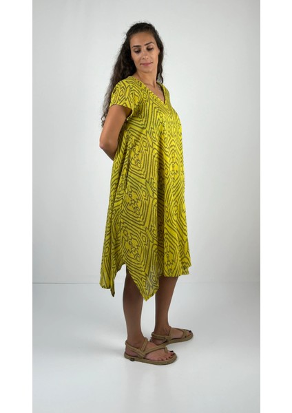 MAGIE DRESS V Yaka Mini Kol Desenli El Baskısı Midi Boy Elbise indirimleri
