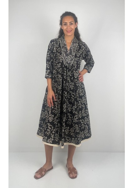 MARCIA DRESS V Yaka Desenli El Baskısı Uzun Elbise