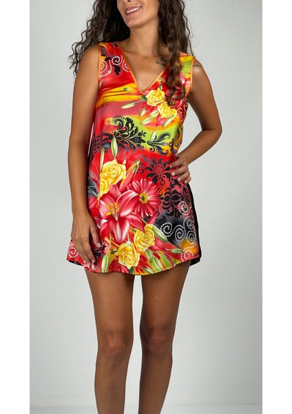 Flower V Yaka Mini Tunik Saten İpek Elbise