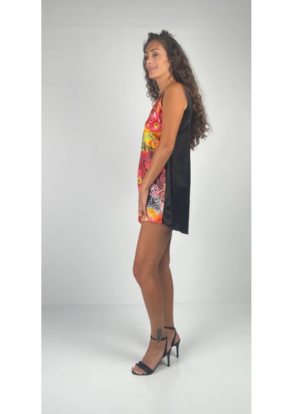Flower V Yaka Mini Tunik Saten İpek Elbise modelleri