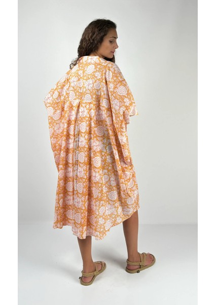 HERA KISA Kaftan Desenli El Baskısı Oversize Midi Boy