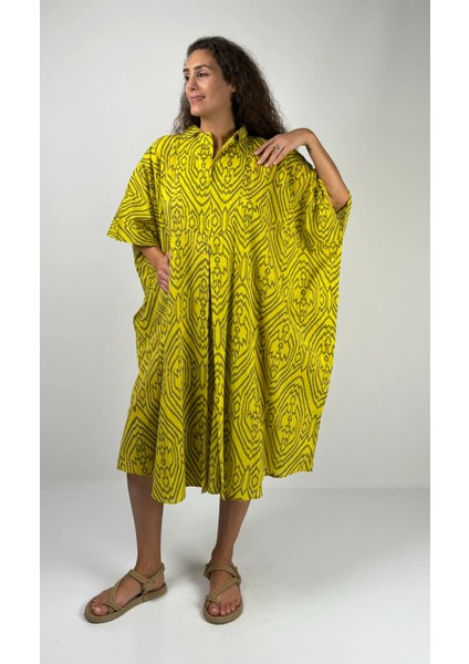 HERA KISA Kaftan Desenli El Baskısı Oversize Midi Boy