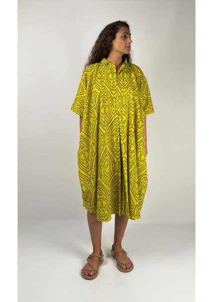 HERA KISA Kaftan Desenli El Baskısı Oversize Midi Boy