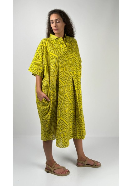 HERA KISA Kaftan Desenli El Baskısı Oversize Midi Boy