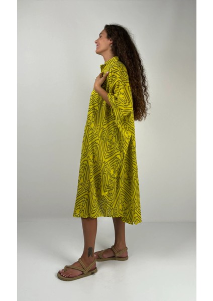 HERA KISA Kaftan Desenli El Baskısı Oversize Midi Boy