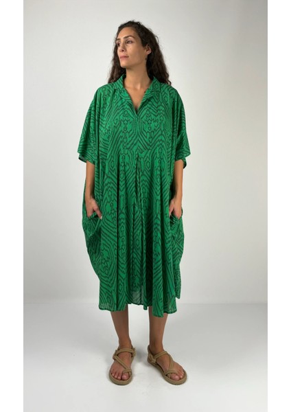 HERA KISA Kaftan Desenli El Baskısı Oversize Midi Boy