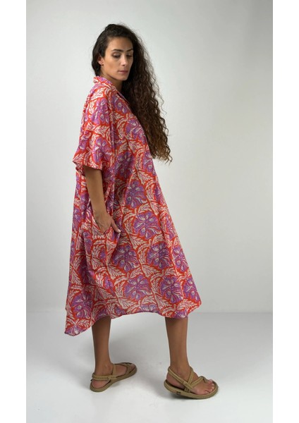 HERA KISA Kaftan Desenli El Baskısı Oversize Midi Boy