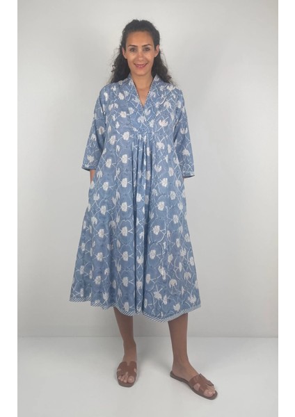 MARCIA DRESS V Yaka Desenli El Baskısı Uzun Elbise