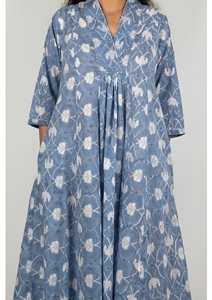 MARCIA DRESS V Yaka Desenli El Baskısı Uzun Elbise fiyatları