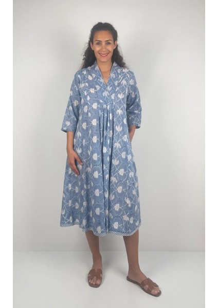 MARCIA DRESS V Yaka Desenli El Baskısı Uzun Elbise modelleri
