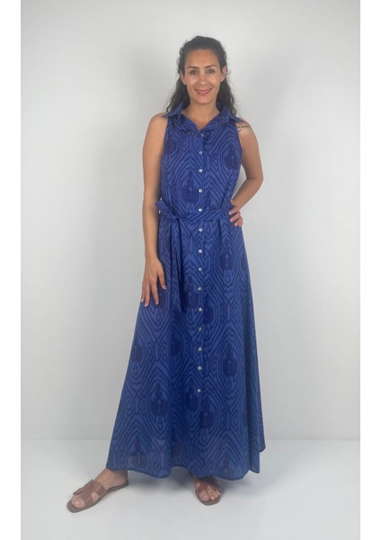SOPHIA DRESS Gömlek Yaka Sıfır Kol Kemerli Desenli El Baskısı Uzun Elbise