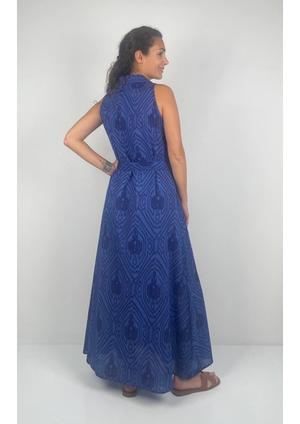 SOPHIA DRESS Gömlek Yaka Sıfır Kol Kemerli Desenli El Baskısı Uzun Elbise indirimleri
