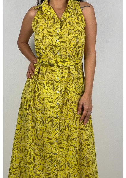 SOPHIA DRESS Gömlek Yaka Sıfır Kol Kemerli Desenli El Baskısı Uzun Elbise fiyatları