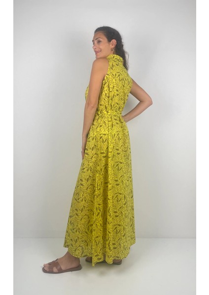 SOPHIA DRESS Gömlek Yaka Sıfır Kol Kemerli Desenli El Baskısı Uzun Elbise modelleri
