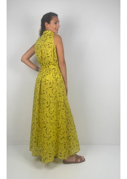 SOPHIA DRESS Gömlek Yaka Sıfır Kol Kemerli Desenli El Baskısı Uzun Elbise fırsatları