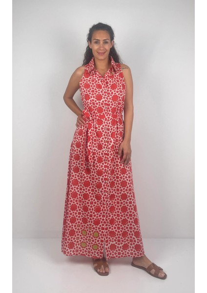 SOPHIA DRESS Gömlek Yaka Sıfır Kol Kemerli Desenli El Baskısı Uzun Elbise