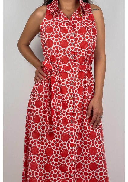 SOPHIA DRESS Gömlek Yaka Sıfır Kol Kemerli Desenli El Baskısı Uzun Elbise