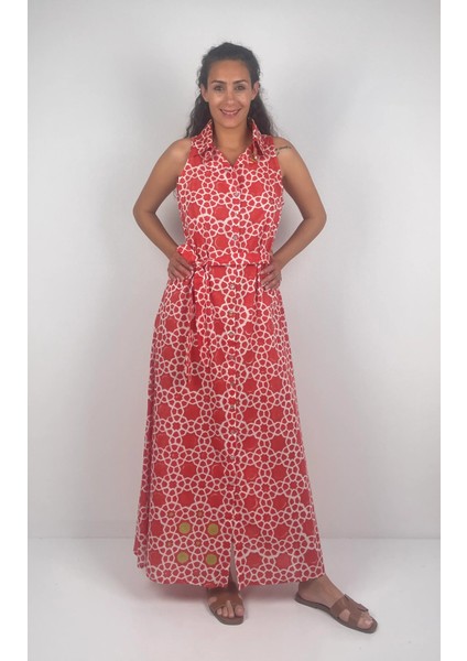 SOPHIA DRESS Gömlek Yaka Sıfır Kol Kemerli Desenli El Baskısı Uzun Elbise