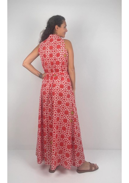 SOPHIA DRESS Gömlek Yaka Sıfır Kol Kemerli Desenli El Baskısı Uzun Elbise