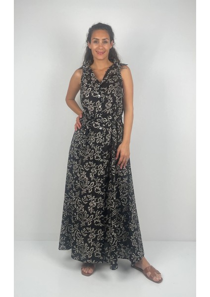 SOPHIA DRESS Gömlek Yaka Sıfır Kol Kemerli Desenli El Baskısı Uzun Elbise