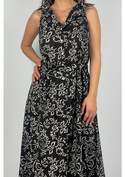 SOPHIA DRESS Gömlek Yaka Sıfır Kol Kemerli Desenli El Baskısı Uzun Elbise fiyatları