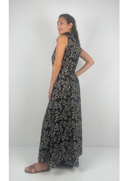 SOPHIA DRESS Gömlek Yaka Sıfır Kol Kemerli Desenli El Baskısı Uzun Elbise modelleri