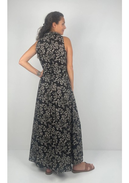 SOPHIA DRESS Gömlek Yaka Sıfır Kol Kemerli Desenli El Baskısı Uzun Elbise fırsatları