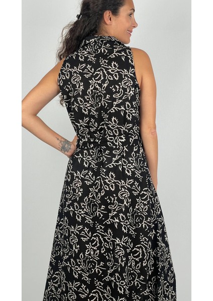 SOPHIA DRESS Gömlek Yaka Sıfır Kol Kemerli Desenli El Baskısı Uzun Elbise indirimleri