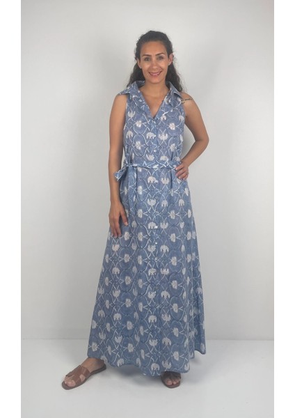 SOPHIA DRESS Gömlek Yaka Sıfır Kol Kemerli Desenli El Baskısı Uzun Elbise