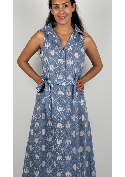 SOPHIA DRESS Gömlek Yaka Sıfır Kol Kemerli Desenli El Baskısı Uzun Elbise
