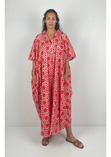 HERA UZUN Kaftan Desenli El Baskısı Oversize Midi Boy