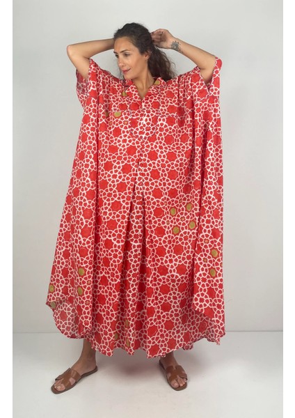 HERA UZUN Kaftan Desenli El Baskısı Oversize Midi Boy