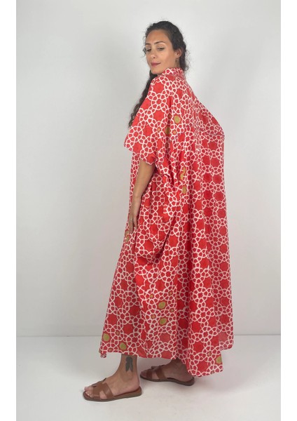 HERA UZUN Kaftan Desenli El Baskısı Oversize Midi Boy