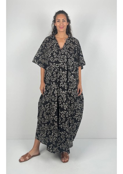 HERA UZUN Kaftan Desenli El Baskısı Oversize Midi Boy