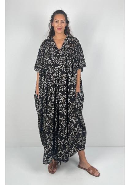 HERA UZUN Kaftan Desenli El Baskısı Oversize Midi Boy