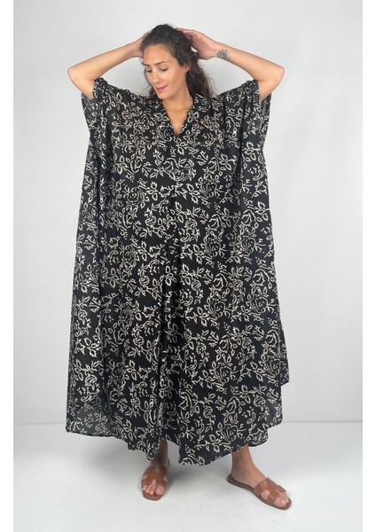 HERA UZUN Kaftan Desenli El Baskısı Oversize Midi Boy