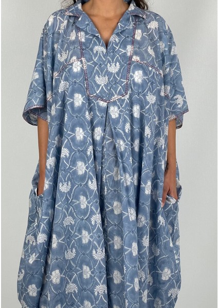 HERA UZUN Kaftan Desenli El Baskısı Oversize Midi Boy