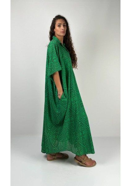 HERA UZUN Kaftan Desenli El Baskısı Oversize Midi Boy