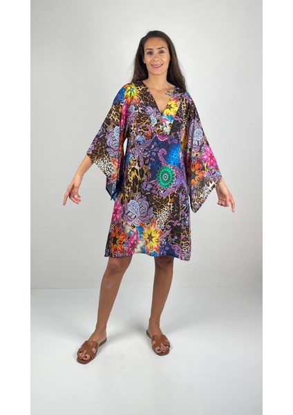MARINE V Yaka Kimono Kollu Kısa Viskon Elbise