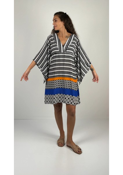 MARINE V Yaka Kimono Kollu Kısa Viskon Elbise