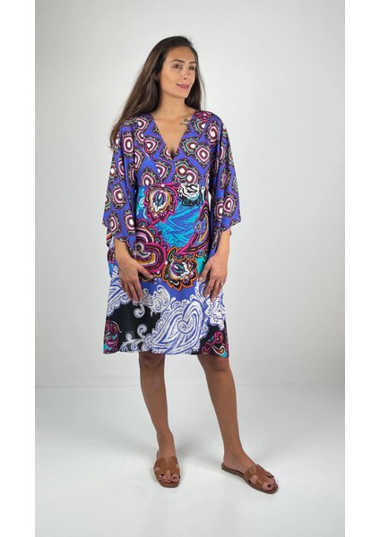 MARINE V Yaka Kimono Kollu Kısa Viskon Elbise